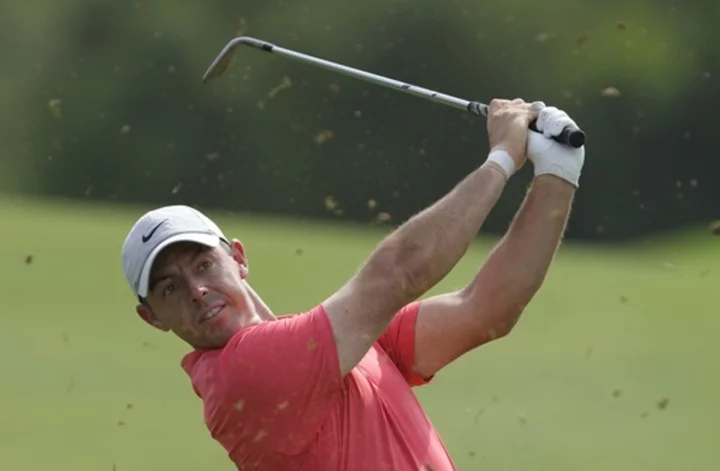 Awkward lie: Rory McIlroy's ball lodges in the lap of a spectator at World Tour Championship
