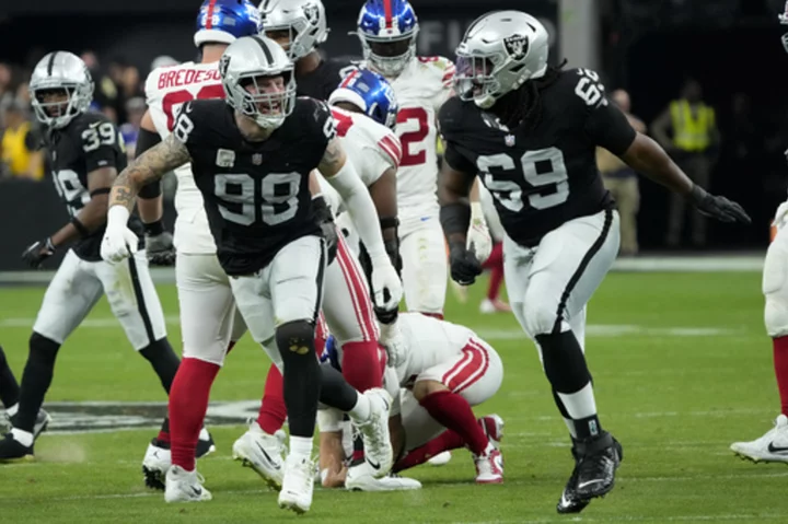 Raiders pass rusher Maxx Crosby held out of practice because of a knee injury