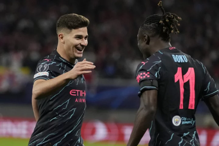 Man City substitutes Álvarez, Doku combine for late goals in 3-1 win at Leipzig in Champions League