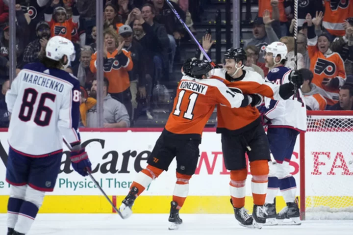 Ryan Poehling's 3-point game helps Flyers top slumping Blue Jackets 5-2 for 5th straight victory