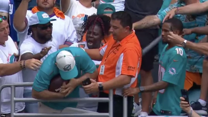 Dolphins Fan Tries to Steal Touchdown Ball From Tyreek Hill's Mom