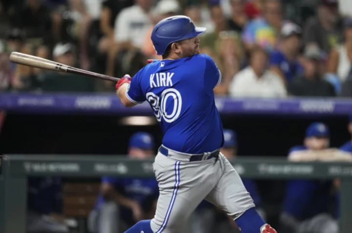 Kirk's pinch-hit double and 3 homers by Toronto power the Blue Jays past the Rockies 13-9