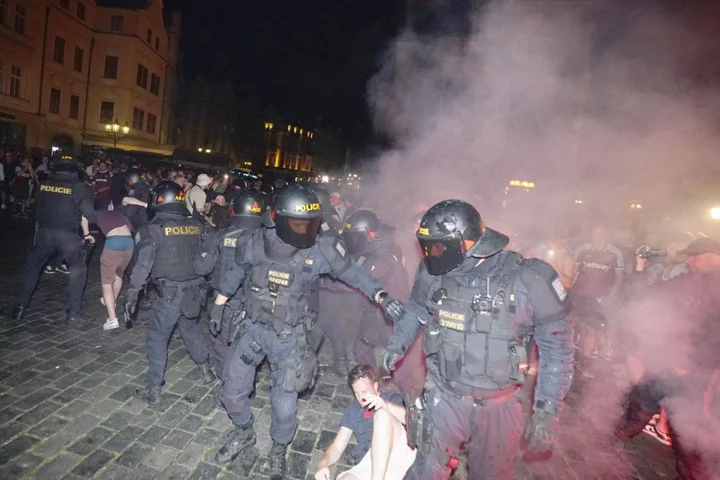 West Ham fans fight riot police in Prague after Europa Conference League win