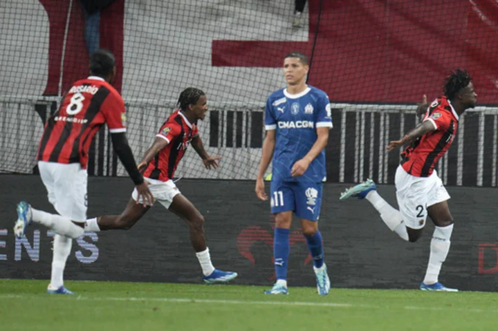 Nice edges 10-man Marseille 1-0 to go top in France. Mbappe scores for PSG in 3-0 rout of Strasbourg