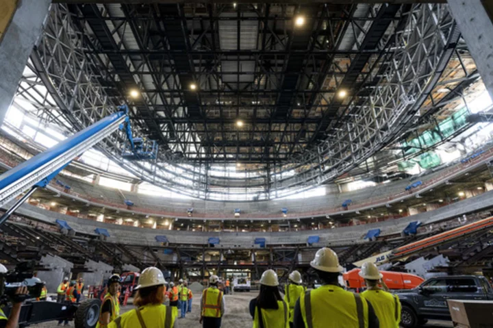 Steel framework for 2-sided halo board in place at LA Clippers' new arena