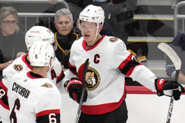 Tkachuk scores twice, Korpisalo shines in net as Senators top Penguins 5-2 to end 3-game skid