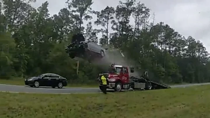 Insane Video Shows Speeding Car Using Tow Truck As a Ramp