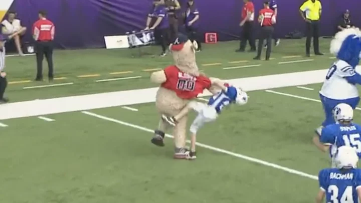 Braves Mascot Destroys Small Child With Stiff Arm During Halftime of Vikings - Chargers Game