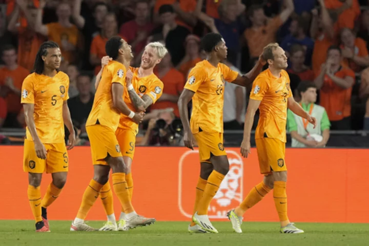 Wingback Denzel Dumfries has three assists as Netherlands beats Greece 3-0 in European qualifier