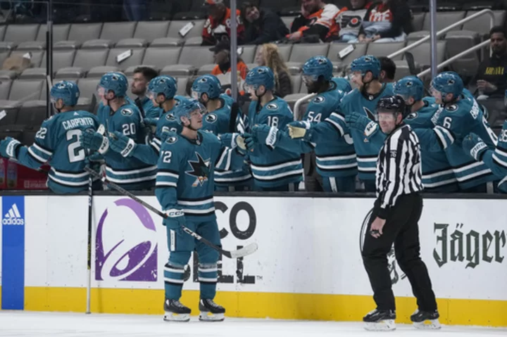 Sharks end record-tying 11-game skid to start season with 2-1 win over Flyers