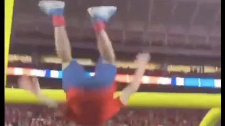 Ole Miss Fan Kisses Goalpost, Does Flip And Crashes to Ground After LSU Upset