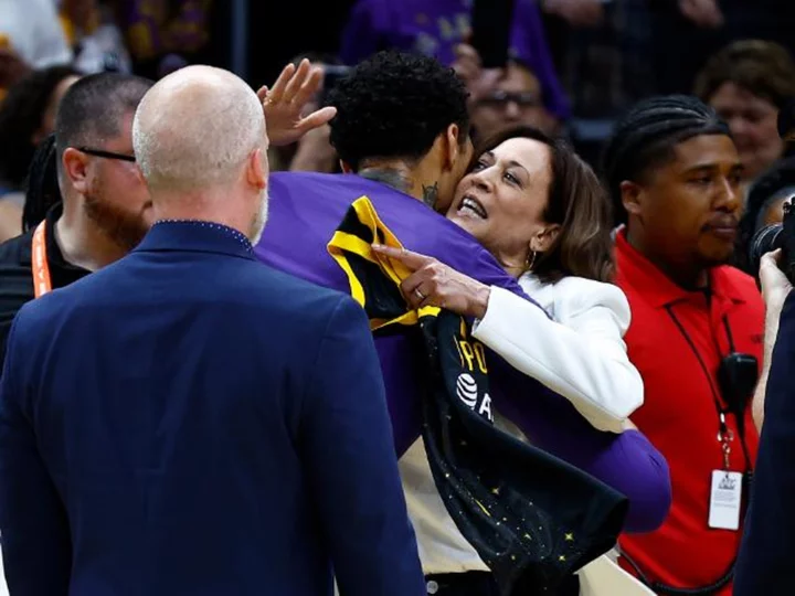 Brittney Griner embraces Vice President Kamala Harris as basketball star marks return to WNBA